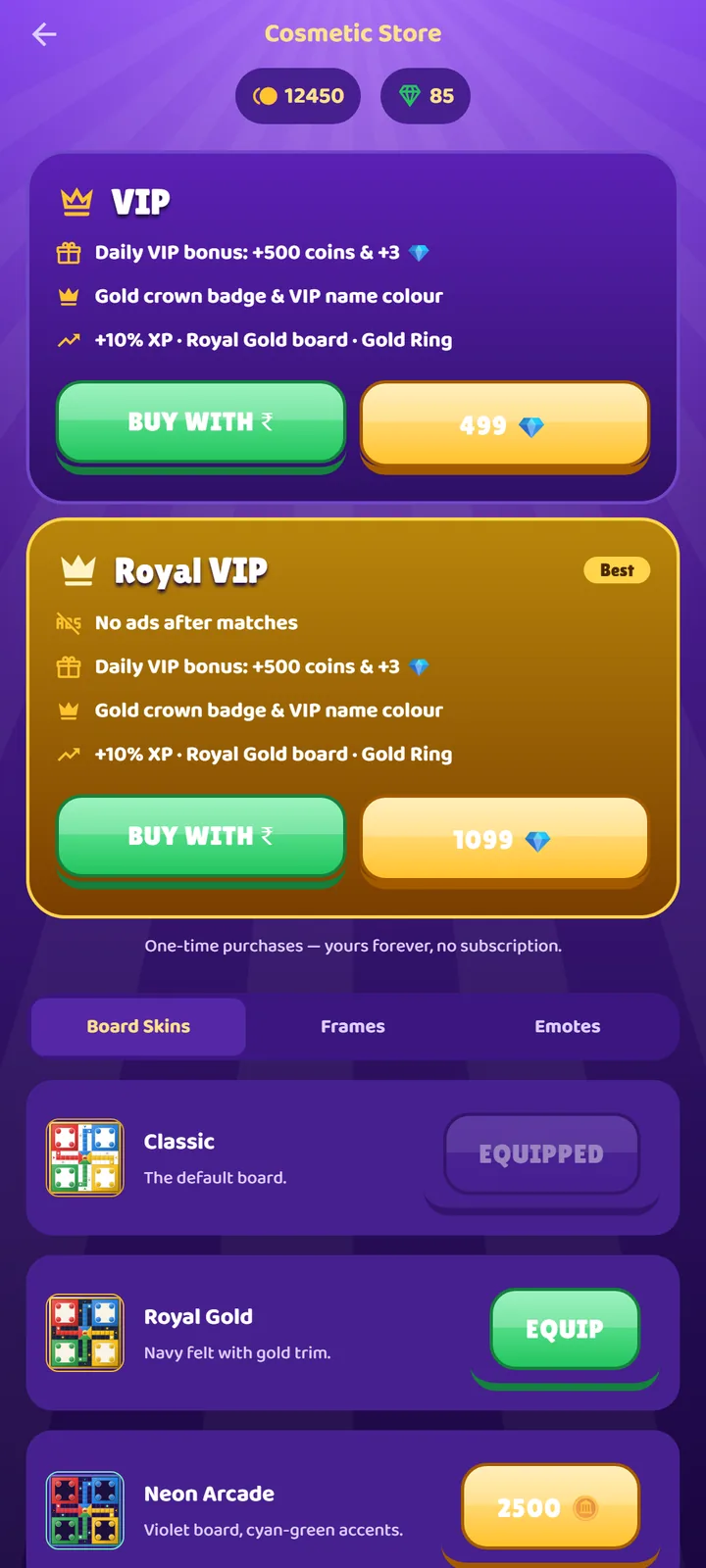 Cosmetic store — VIP and Royal VIP plans, and board skins