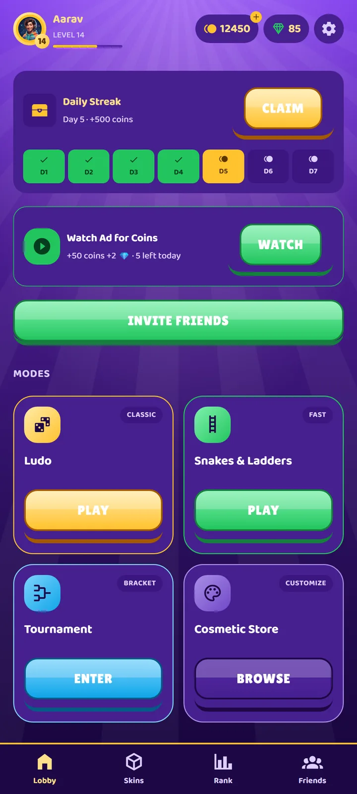 Ludo Dynasty home screen — level and wallet, daily streak, watch-an-ad coins, and the four game modes