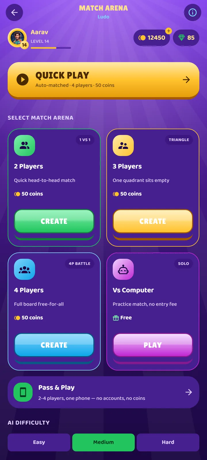 Ludo Dynasty match arena — quick play and 2, 3, 4-player or vs-computer options