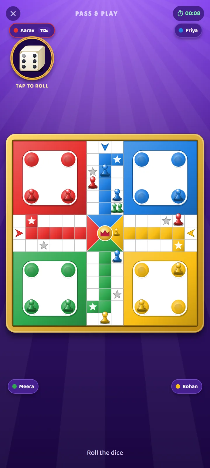 Ludo Dynasty Pass and Play board — four colored yards around the classic cross-shaped path