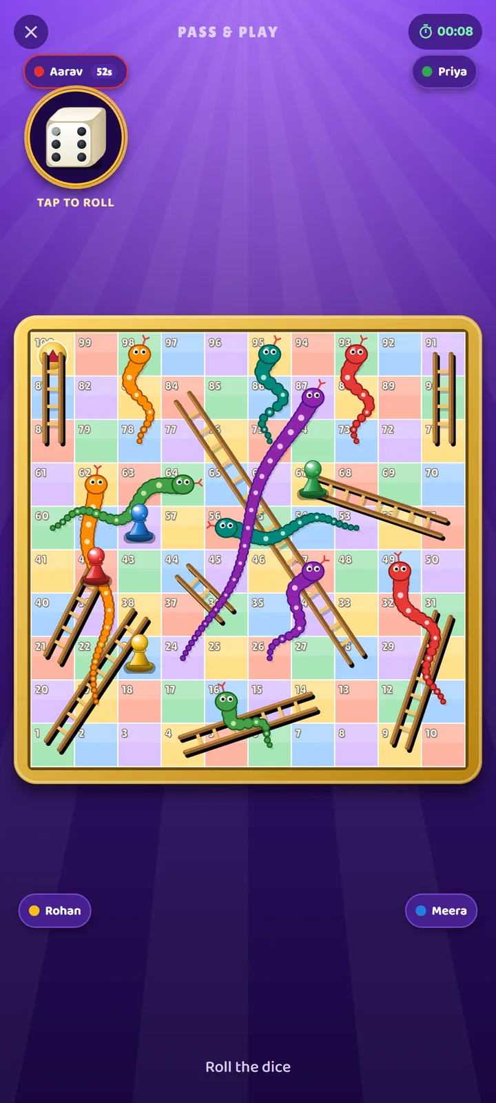 Snakes and Ladders Pass and Play match in progress with four players